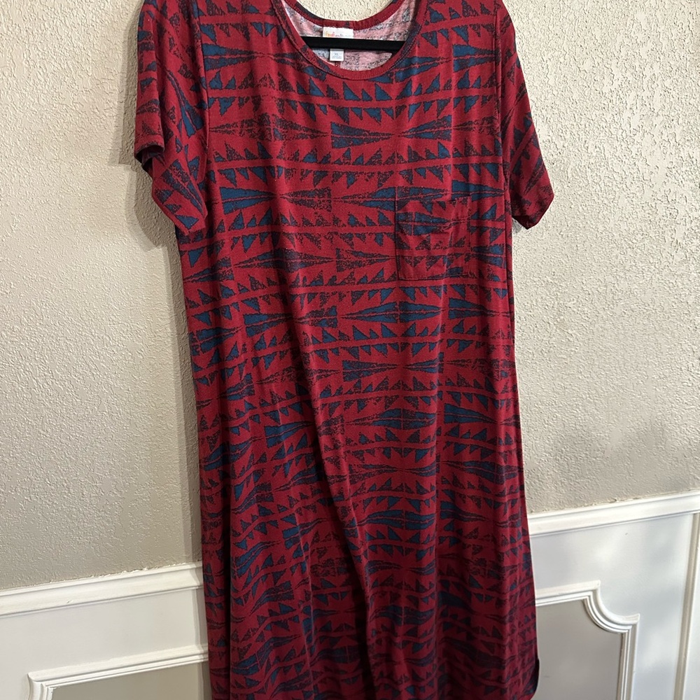 Lularoe Carly Red and Blue Geometric Print Dress